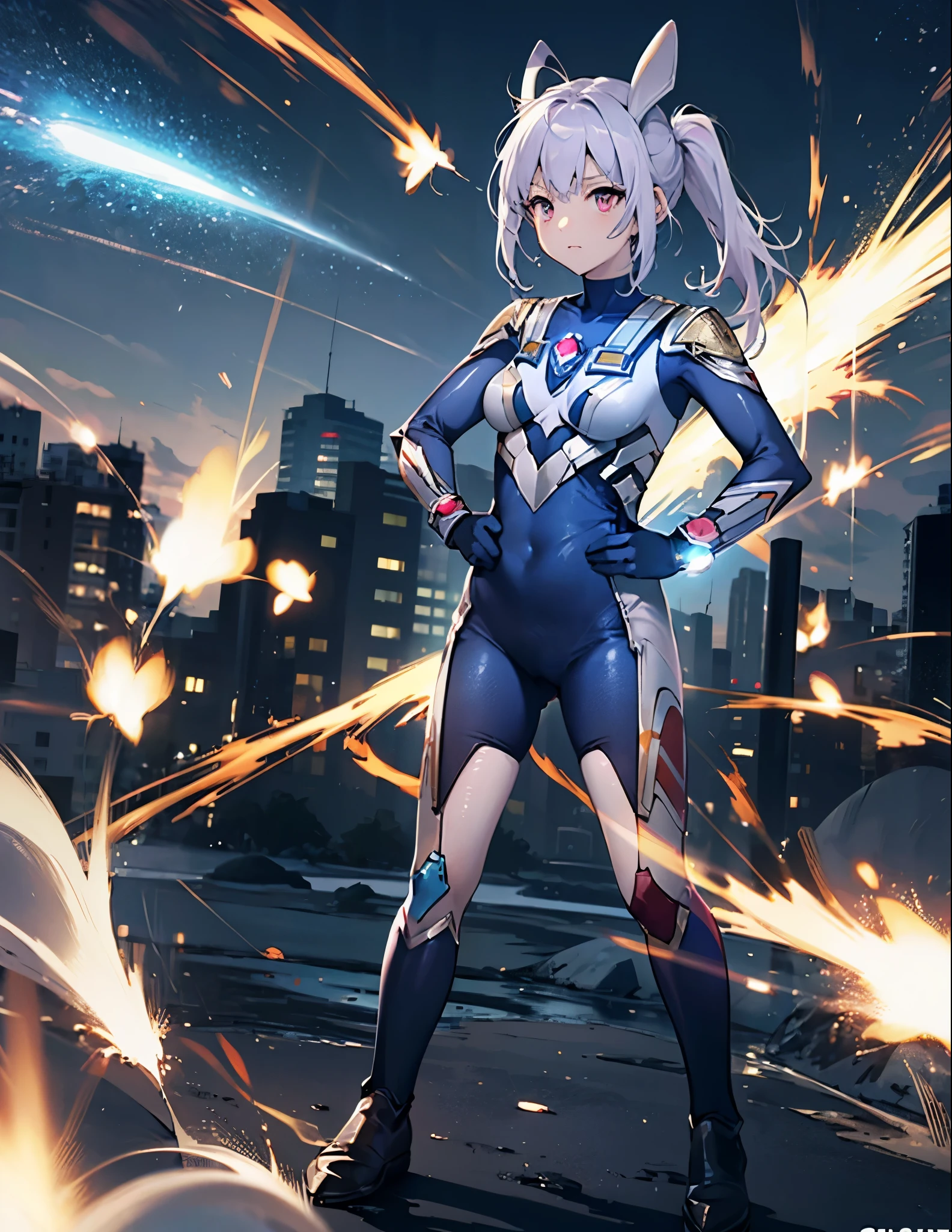 Realistic,highest quality, Ultra Detail, High-quality CG rendering, The most delicate and beautiful, Floating softly, High resolution, (1 girl), (Highest quality,4K,8K,masterpiece:1.2) ,Light purple hair,Rabbit,Bunny ears,ponytail,Red eyes,(Ultra Girl:1.0),(blue ultraman bodysuit:1.4),Blue gloves,Blue shoes, (Clenched Fist:1.2),(Place your hands on your hips:1.2)