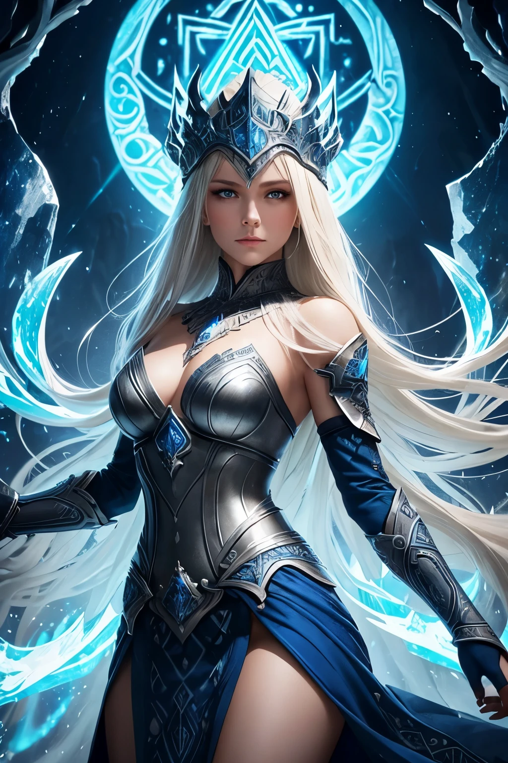 An imposing creature rises before you, her stature commanding respect and awe. Clad in armor of sapphire blue and pristine white, the intricate designs etched upon its surface tell tales of Nordic mythology and ancient lore. Runic frost encased within her blonde, icicle-like hair dances and crackles, as frosty flames engulf and flicker around her. Atop her head rests a helm-like headdress that fuses the essence of modern metals with the depth of ancient relics, a mesmerizing blend that exudes an aura of unyielding coldness and unchallenged power.

Her weapons