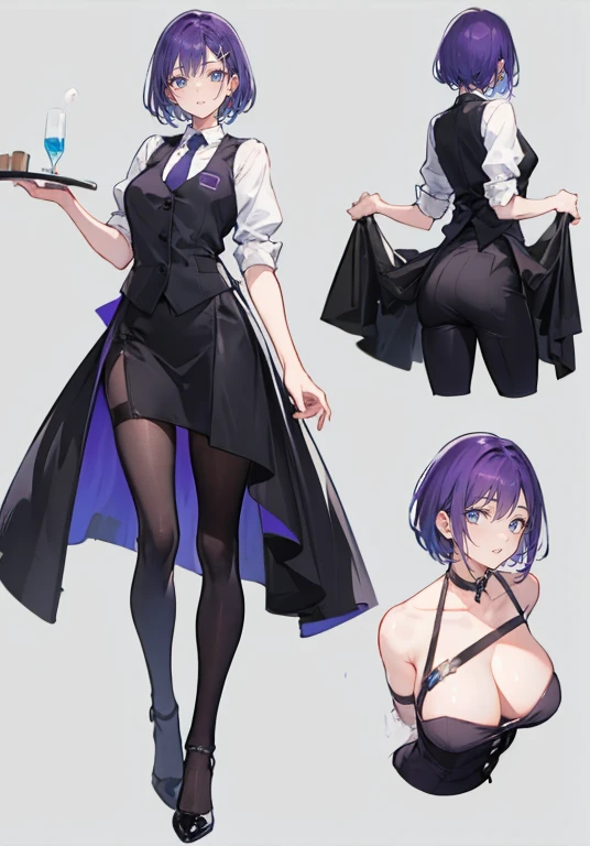 ((Perfect Face)),Purple Hair,Very Short Hair,1 female,bartender,,Black vest,Shirt with rolled up sleeves,tie,slit,High heels,,((Simple Background)),smile,((Full Body)),((full body)),