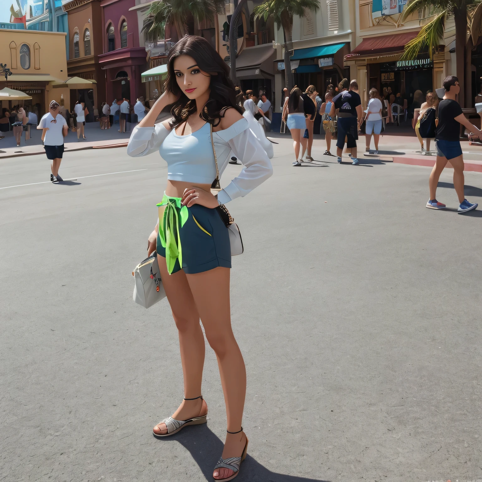 woman standing on a street at Disney's Hollywood Studio in Orlando, Florida, USA, standing at Disney's Hollywood Studio in Orlando, Florida, USA, wearing lime green shorts and a gray tank top with blue collars, with a beautiful and well-defined face, photo full body, 35 year old woman, photo taken in 2015, Disney!!, Disney! !!!, Disney artist,. Slim woman with thin waist. Her body exudes glamor and her face is the definition of beauty. Test, highly realistic, reddish skin, beautiful, slightly full lips, red lipstick, feeling of lightness and joy, hyper-realism, very elaborate skin, direct look. Full body photo, clear and high quality photo. Beautiful woman, extremely sexy, very sensual. Masterpiece: 1.3, high resolution, (photographically realistic), 8k, NUDE, NUDITY, NFSW.