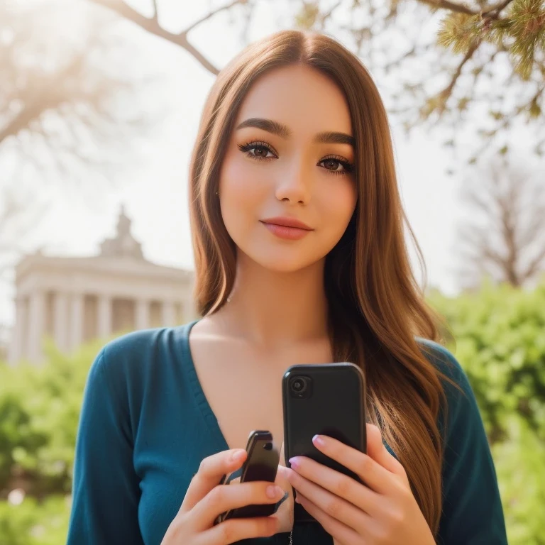 Woman holding a cell phone in front of a tree, she is holding a smartphone, goddess checking her phone, checking her phone, instagram model, selfie of a young woman, iphone selfie, checking her cell phone, smartphone photo