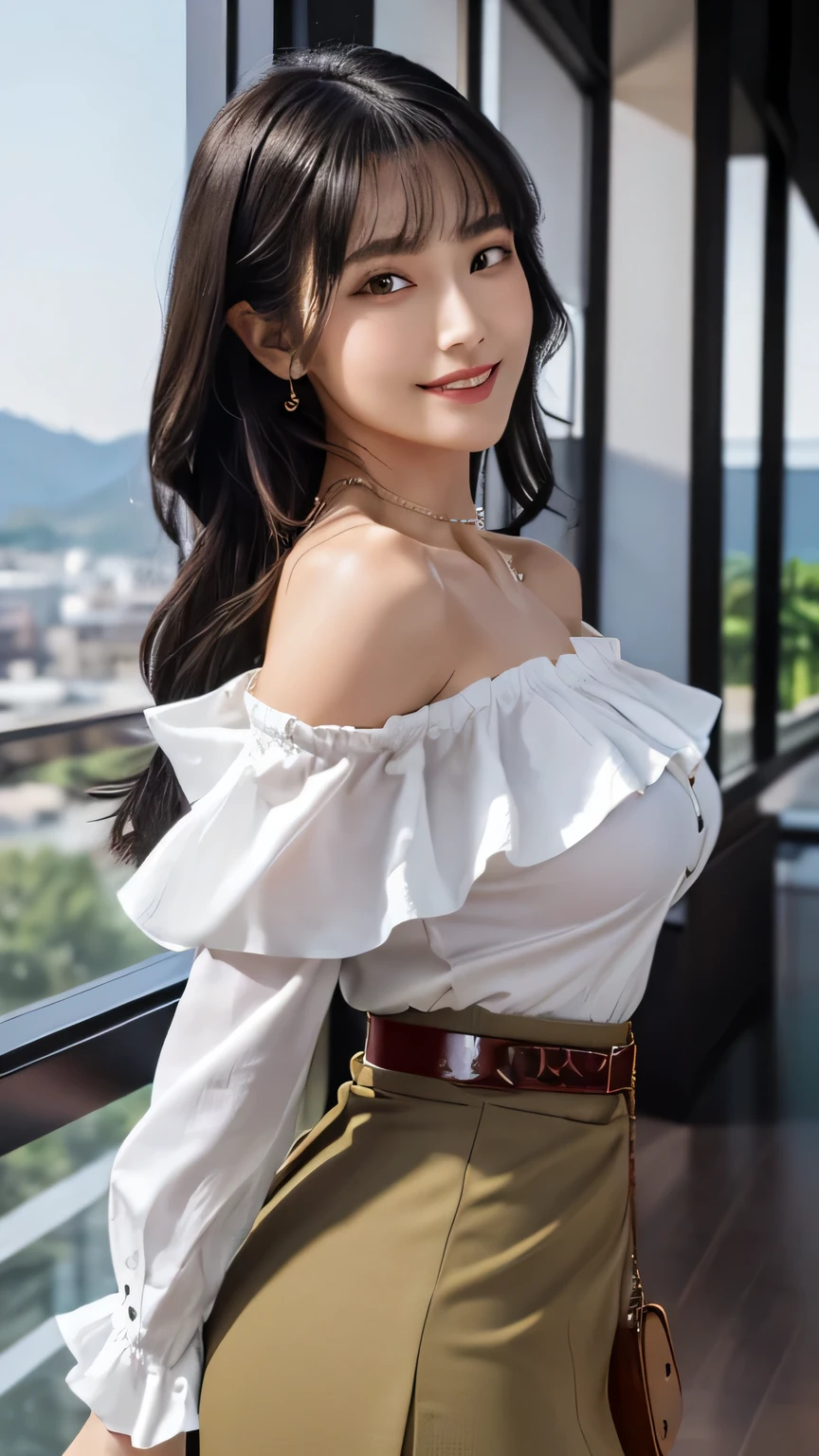 (masterpiece:1.3, highest quality), Ultra-high resolution, Super detailed, (Realistic, photoRealistic:1.4), Beautiful illustrations, Perfect lighting, colorful, Depth of written boundary,
View your viewers, (Face Focus, Upper Body), 1 girl, alone, (Large Breasts:0.8, Big Ass, Captivating thighs),
(Middle Hair:1.2, Half Up:1.2, Black Hair), bangs, braided bangs, Droopy eyes, Lips parted, Shiny skin,
Beautiful Hair, Beautiful Face, Highly detailed face, Beautiful fine details, Beautiful clavicle, Beautiful body, Beautiful breasts, Beautiful thighs, Beautiful feet, Beautiful fingers,
(Detailed cloth texture, (White tight skirt with high waist, belt), (Khaki long sleeve frill off-shoulder shirt), garnet necklace,
(Beautiful views), night, (Shoulder strap, Modern), Are standing, (Captivating smile),