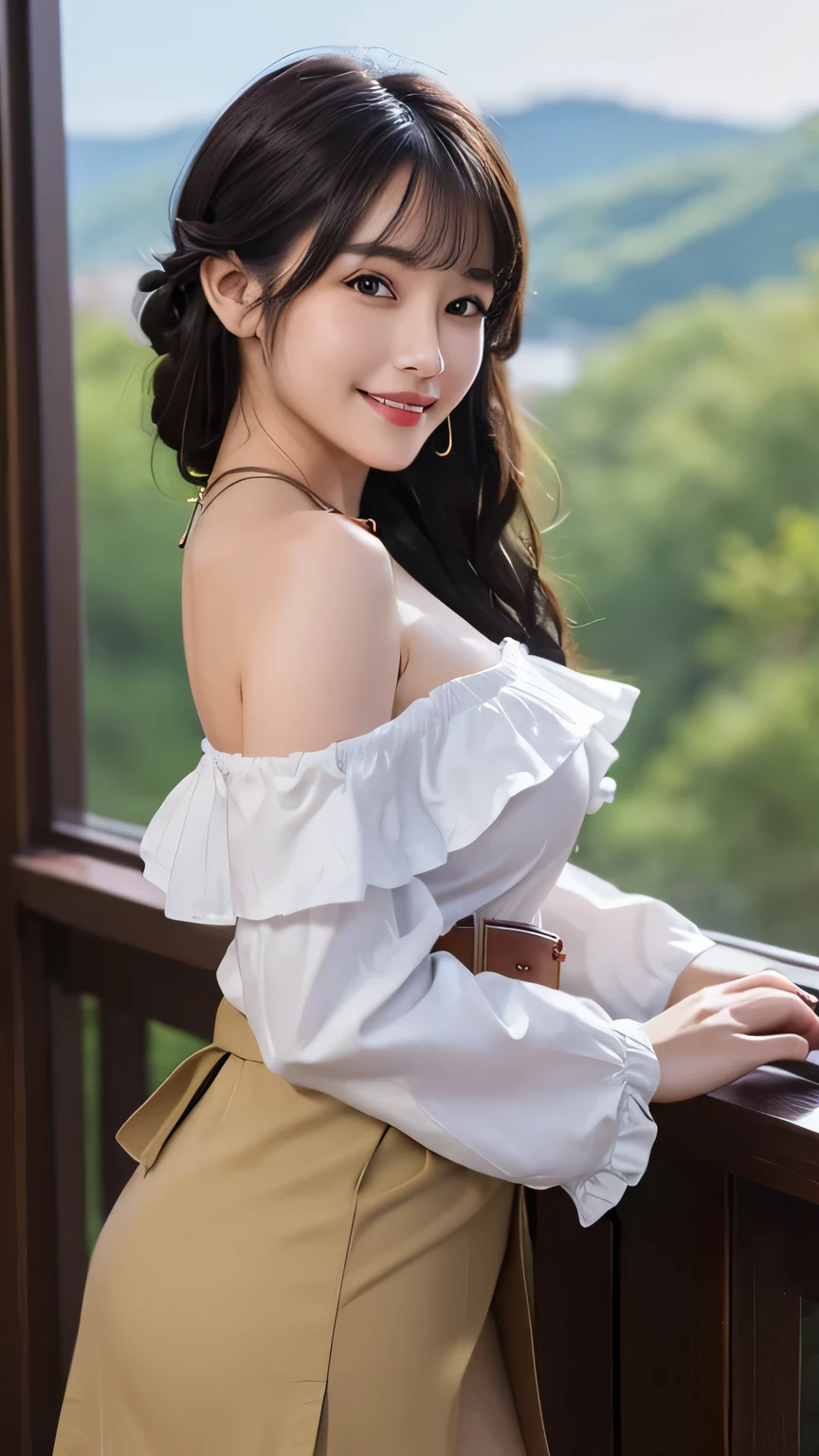 (masterpiece:1.3, highest quality), Ultra-high resolution, Super detailed, (Realistic, photoRealistic:1.4), Beautiful illustrations, Perfect lighting, colorful, Depth of written boundary,
View your viewers, (Face Focus, Upper Body), 1 girl, alone, (Large Breasts:0.8, Big Ass, Captivating thighs),
(Middle Hair:1.2, Half Up:1.2, Black Hair), bangs, braided bangs, Droopy eyes, Lips parted, Shiny skin,
Beautiful Hair, Beautiful Face, Highly detailed face, Beautiful fine details, Beautiful clavicle, Beautiful body, Beautiful breasts, Beautiful thighs, Beautiful feet, Beautiful fingers,
(Detailed cloth texture, (White tight skirt with high waist, belt), (Khaki long sleeve frill off-shoulder shirt), garnet necklace,
(Beautiful views), night, (Shoulder strap, Modern), Are standing, (Captivating smile),