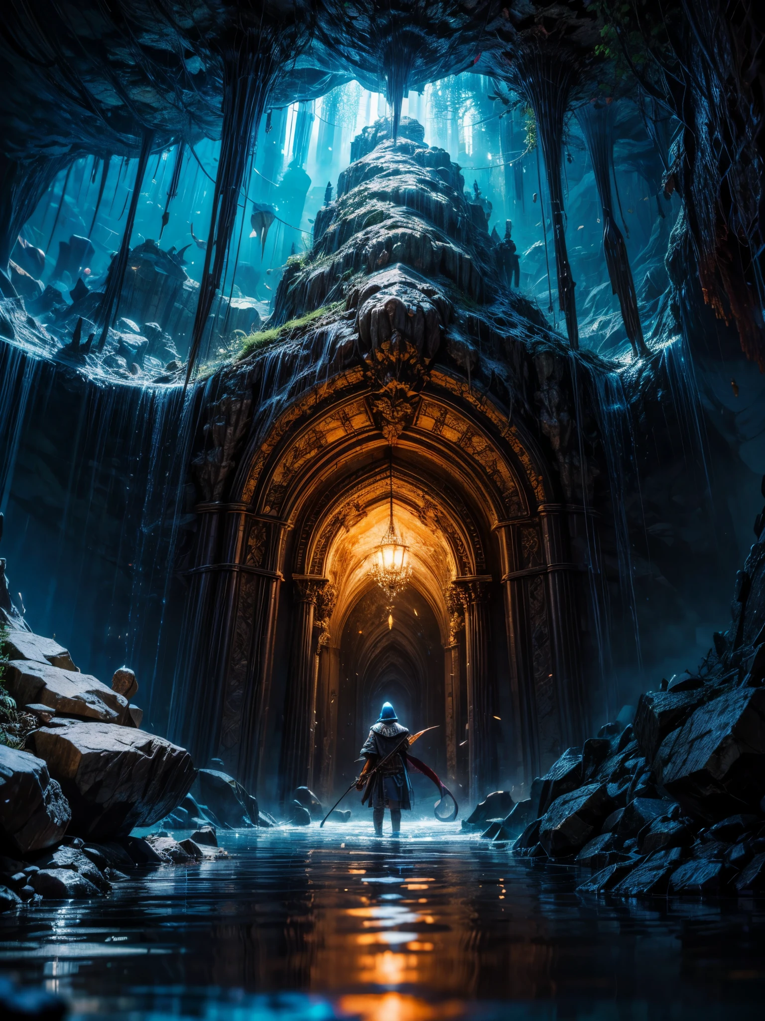  dark tall cave, natura cave, realistic cave, floor is flooded, dim light, reflection of the celling on the water, huge stalactites on the celling, bright grey fog, calm, mysterious, dnd, dungeons and dragons, blue dim light, water dripping from the celling, pov, ray tracing, cinematic lighting, depth of field, wide shot, 8k, 4K, highres, best quality, award winning, super detail, masterpiece, retina
