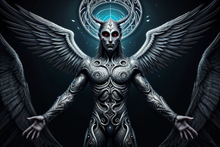 an angel man being with many wings and halos covered in eyes,multiple wings,extra wings,eldritch abomination,biblically accurate,intricate linework,hyperdetailed,art by llbreton, Tertagammaton