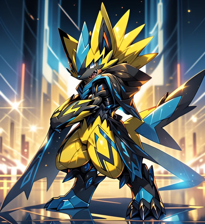 (masterpiece, best quality, detailed:1.2)
(Pokémon)
detailed full body,
zeraora, Furry Heroes,
Main color is yellow.
sparkling skin,
Vibrant colors, 4K, Wearing cyberpunk mecha, unusually developed muscular body, He wears a black cloak on his back.
The cloak is so long that it touches the ground, The claws are sharp,
Sharp teeth,