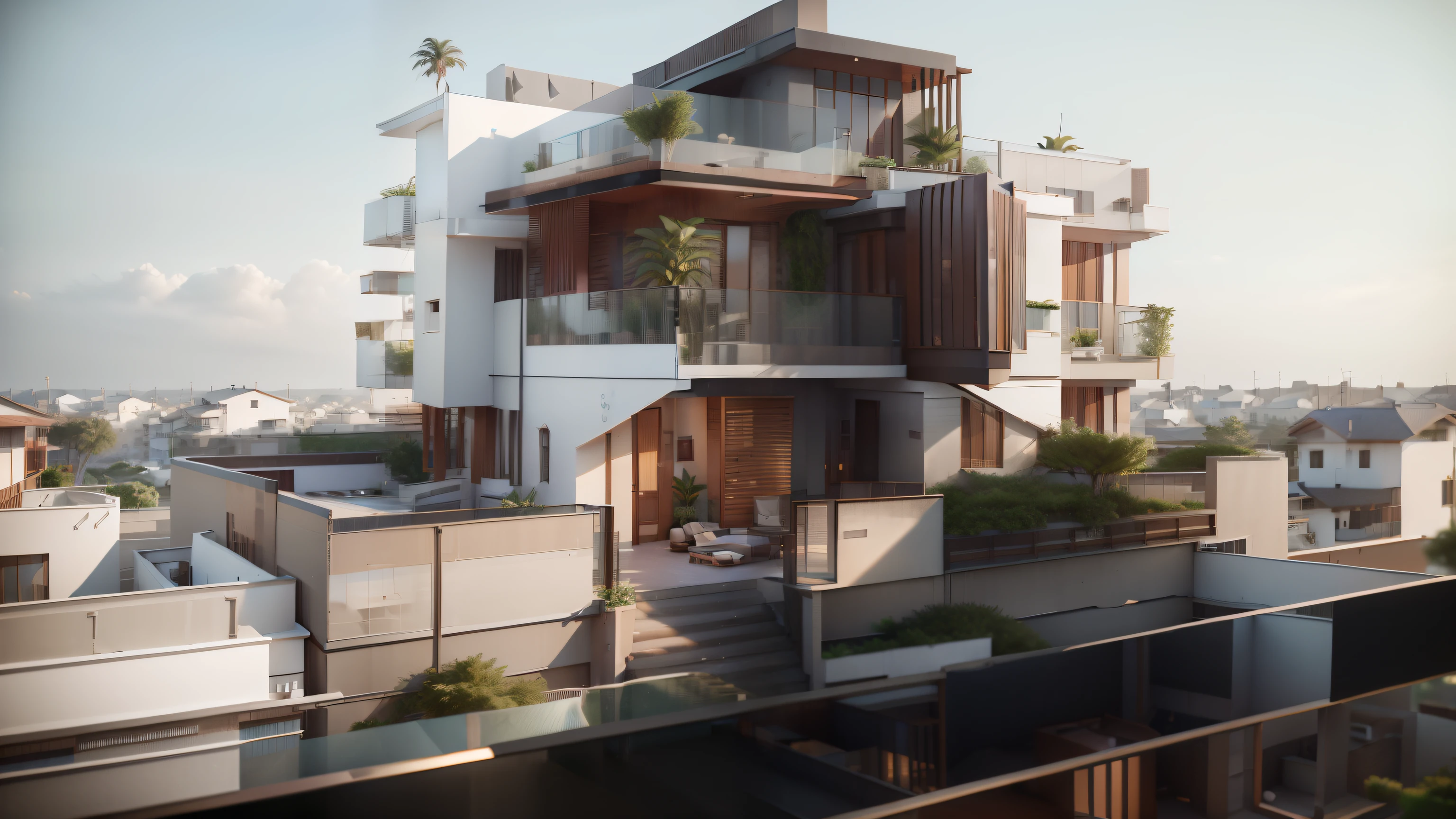 Araf view of two-story house with balcony and balcony, Complete House, Housing Design, 3D Rendering, 3D Rendering, Luminance Renderinging, Fully detailed rendering, Rendering in Lumion Pro, Appearance design, Highly detailed rendering, Luminance Rendering, Very detailed rendering, Japanese Houses, Rendering in Vray, Overall architectural design, Building 3D rendering