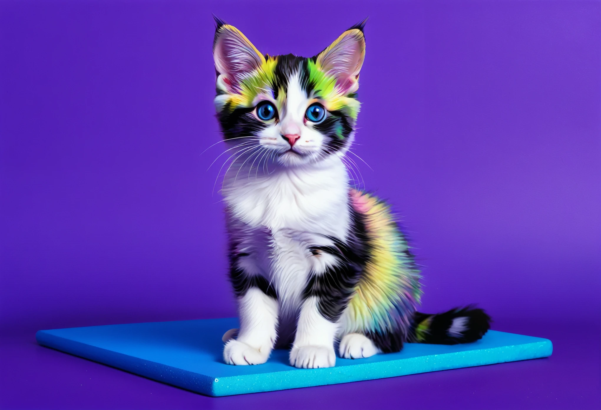 Brightly colored kitten sitting on a purple surface with a blue background, portrait of lisa frank, Lisa Frank Style, Detailed painting 4k, Cute Colorful Adorable, Colorful HD images, Inspired by Lisa Frank, In the art style of Lisa Frank, Lisa Frank style, Lisa and Frank, drawn in high resolution, Beautiful neon cat, Kitten Oil Painting