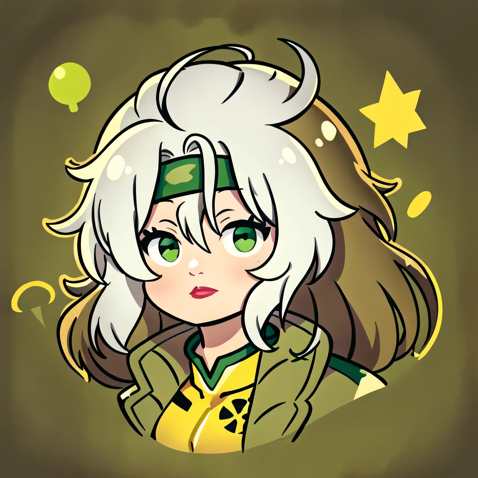 desenho animado_X_humano_on its own,ownwaifu, long cabelo,seios,brown cabelo,olhos verdes,lipstick,inventar,lips,white cabelo,two-tone cabelo,arco de cabelo,wavy cabelo,large seios,messy cabelo,curly cabelo,grande_cabelo, yellow May,jaqueta,luvas,cinto,yellow luvas,green May,May,multicolored May,Super heroi, pele firme,roupas multicoloridas, 1 garota, Sozinho, olhando para o espectador,sempre em frente, Arte Oficial, high resolution, fundo verde com estrelas, (obra de arte:1.1), (melhor qualidade,:1.1), (alta qualidade:1.1), (captura de tela de anime:1.2),