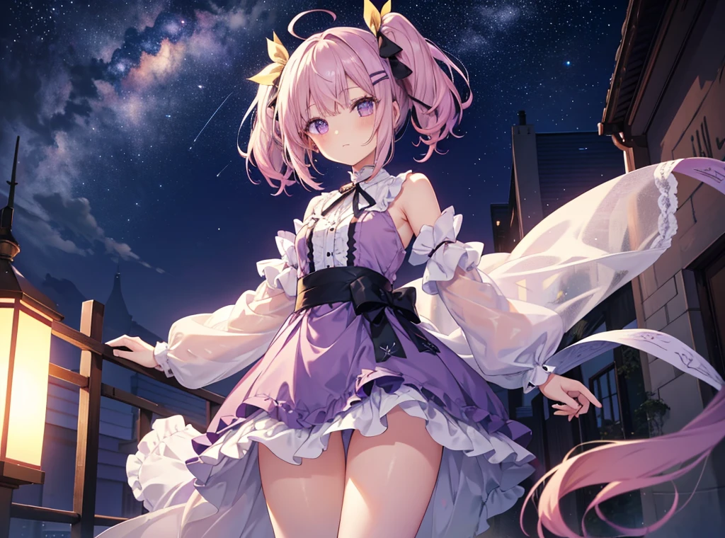 From afar、Slim and long, 1 girl、Very delicate and beautiful girl, Young girl, Light purple and brown short hair, Ahoge、Twin tails、 ribbon、Gradient Hair、inner hair color, Beautiful details, Medium Chest, Pastel colored clothes,Very beautiful night view、Detailed night view、whole body、Thick thighs
