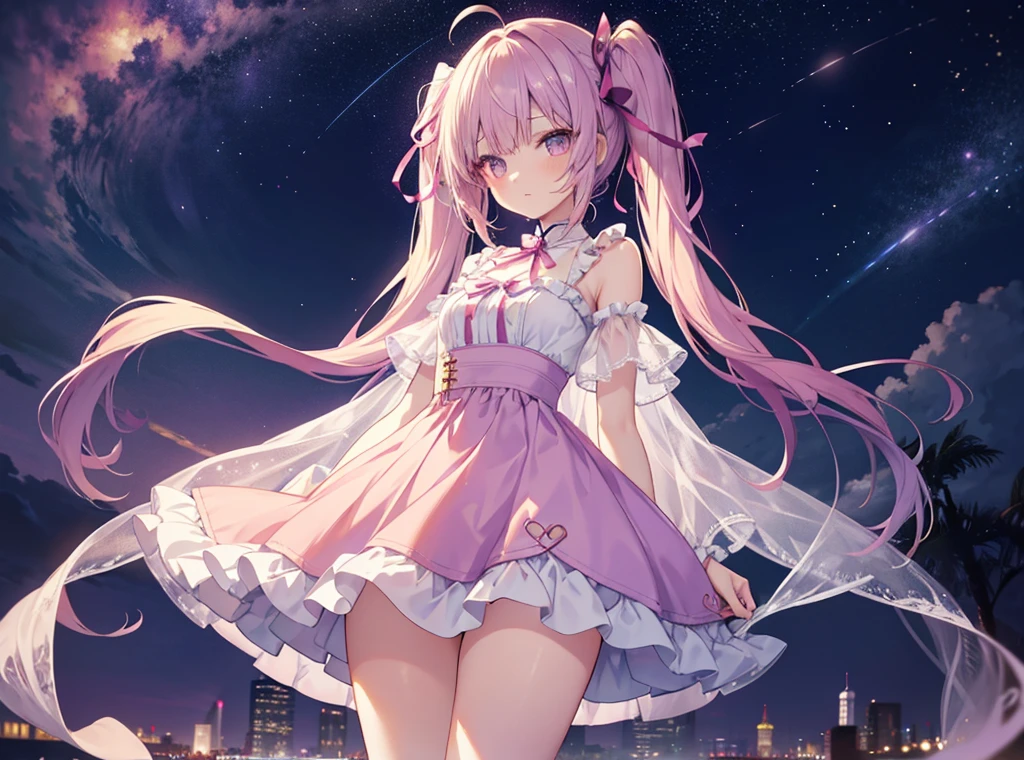 From afar、Slim and long, 1 girl、Very delicate and beautiful girl, Young girl, Light purple and brown short hair, Ahoge、Twin tails、 ribbon、Gradient Hair、inner hair color, Beautiful details, Medium Chest, Pastel colored clothes,Very beautiful night view、Detailed night view、whole body、Thick thighs