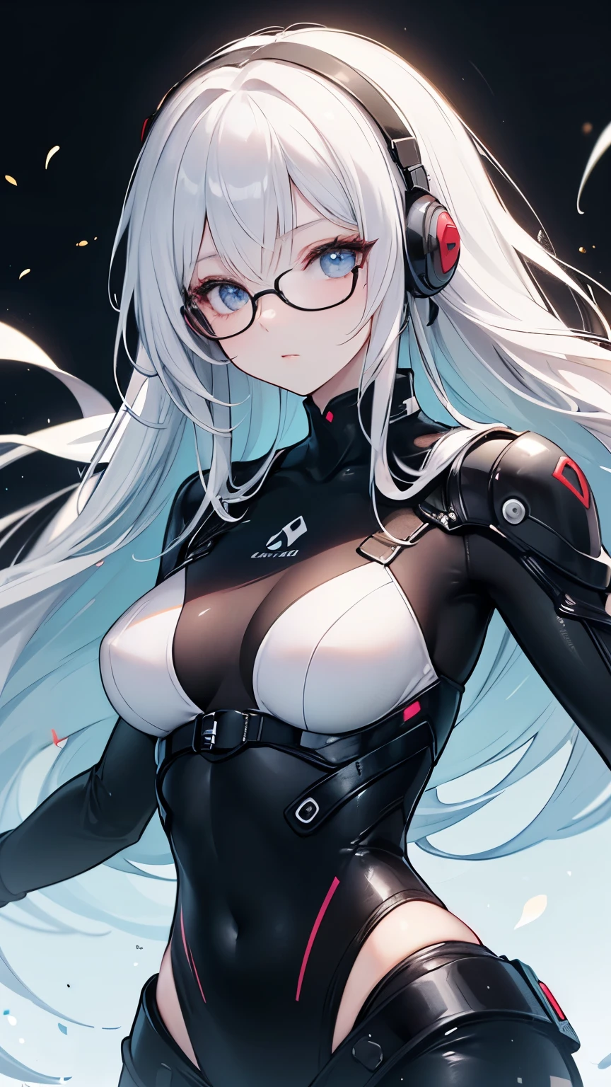 beautiful face, best quality, ultra high resnatural light, shiny skin, detailed skin, detailed face, detailed eyes, beautiful lady, white hair, straight hair, floating hair, big hair, mole under eye, bespectacled, headphones, A scene from a science fiction movie, a brilliant fantastic background, a body-hugging metal suit, and a thick belt.