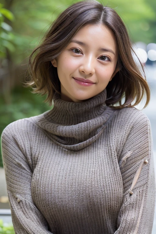(((One girl)))((highest quality, 8k, masterpiece:1.3)),((sharp:1.2, Beautiful woman with perfect figure:1.4, Slim Abs:1.2)), ((Layered Hairstyles, Huge boobs:1.3)),((Highly detailed face and skin texture,Detailed eyes,black eye,double eyelid, Beautiful eyes)),(Japanese Girls:1.5)(Black Hair,Bobcut)(Grey turtleneck sweater:1.8),(Japan Street:1.3)(Upper Body:1.3)、smile