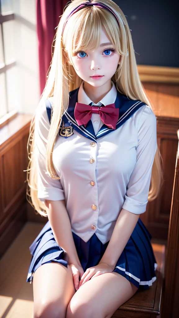 (muste piece, best quality:1.2), From above, 8K, official art, Raw photo, incredibly stupid, (upper body whole body, sailor uniform, Serafuku, Wariza sitting down:1.4), slouch、blonde beautiful girl, Blonde hair above the eyes、idol face, arch back, pleated skirt, thighs, close up of breasts, , super long straight blonde silky hair、Big light blue eyes、beautiful eye highlights, Gardenia, Violacea, Ten generations, classroom, Looking at Viewer, No makeup, film grain, chromatic aberration,  sharp focus, face light, dynamic lighting, cinematic lighting, detailed face, bokeh background, (Dark red bow tie:1.3)、A peerless beautiful girl、small face beautiful girl、round face、rich bust、cheek highlights、white beautiful skin
