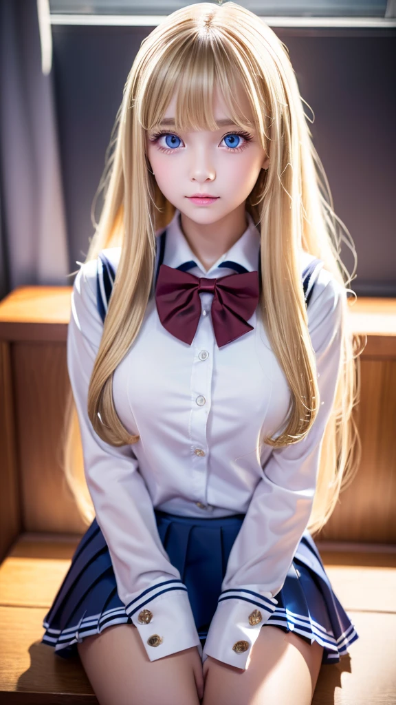 (muste piece, best quality:1.2), From above, 8K, official art, Raw photo, incredibly stupid, (upper body whole body, sailor uniform, Serafuku, Wariza sitting down:1.4), slouch、blonde beautiful girl, Blonde hair above the eyes、idol face, arch back, pleated skirt, thighs, close up of breasts, , super long straight blonde silky hair、Big light blue eyes、beautiful eye highlights, Gardenia, Violacea, Ten generations, classroom, Looking at Viewer, No makeup, film grain, chromatic aberration, sharp focus, face light, dynamic lighting, cinematic lighting, detailed face, bokeh background, (Dark red bow tie:1.3)、A peerless beautiful girl、small face beautiful girl、round face、rich bust、cheek highlights、white beautiful skin
