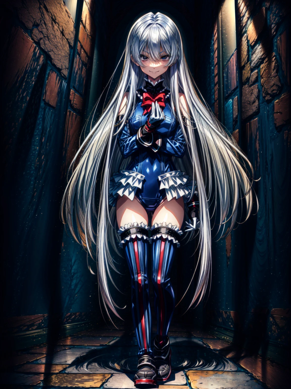 Perfect Anatomy, highest quality, marierose,look at me lovingly,Swear allegiance
,(Dimly lit basement:1.1),Wicked Smile,Anime Style,(Frilled swimsuit, Knee socks, Removed sleeve), (Anime Style:1.4) ,
Silver Hair,(White fingers:1.1,Black gloves),Very long hair,Evil Aura,Rape Eye,Full body view