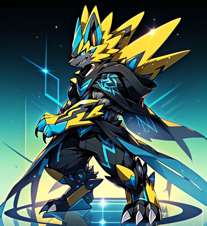 (masterpiece, best quality, detailed:1.2)
(Pokémon)
detailed full body,
zeraora, Furry Heroes,
Main color is yellow.
sparkling skin,
Vibrant colors, 4K, Wearing cyberpunk mecha, unusually developed muscular body, He wears a black cloak on his back.
The cloak is so long that it touches the ground, The claws are sharp,
Sharp teeth,