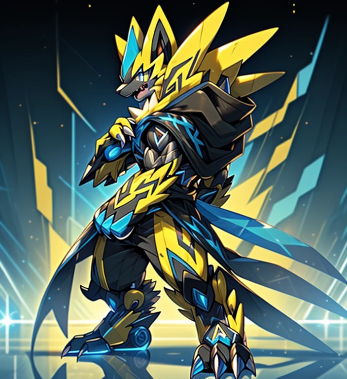 (masterpiece, best quality, detailed:1.2)
(Pokémon)
detailed full body,
zeraora, Furry Heroes,
Main color is yellow.
sparkling skin,
Vibrant colors, 4K, Wearing cyberpunk mecha, unusually developed muscular body, He wears a black cloak on his back.
The cloak is so long that it touches the ground, The claws are sharp,
Sharp teeth,