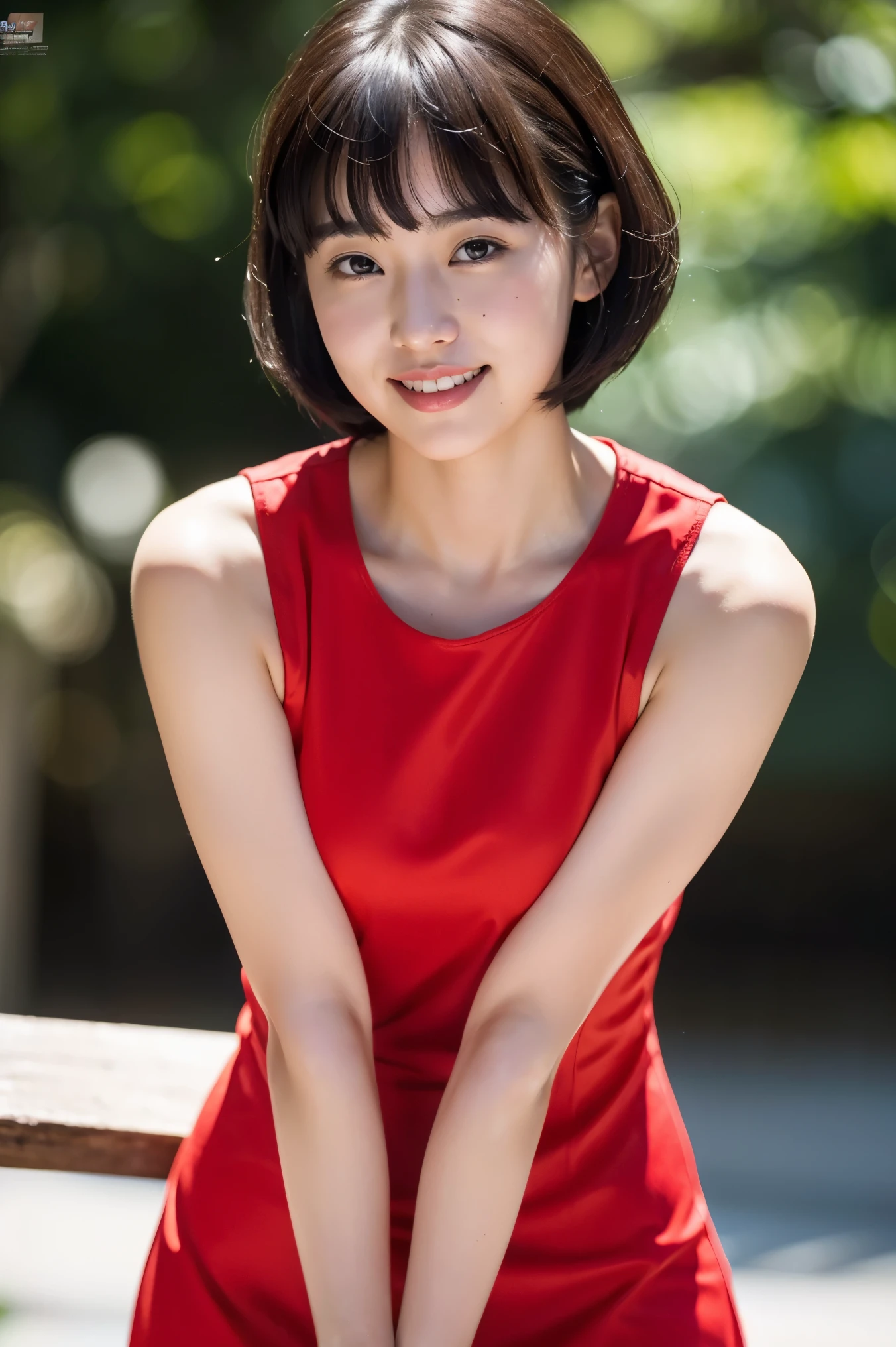 (8k, RAW Photos, highest quality, masterpiece:1.2), Super detailed, Super Resolution, (Realistic, Realistic Photo:1.37), Portraiture, High-resolution RAW color photos, Professional photos, Very detailedで美new, Very detailed, 8k wallpaper, Amazing detail, Large file size, Official Art, highly detailed CG unity 8k wallpaper, Very detailed美少女, Very detailed顔, Very detailed目, Very detailed肌, Very detailed指, Very detailed鼻, Very detailed詳細な口 , Perfect Anatomy, Very detailed背景, Very detailed衣服, 1 girl,, 20th Generation, cute girl, Realistic body, small, Fair skin, Glowing Skin , handsome body, Black Hair , Curly Hair, (Blunt bangs:1.2), smile, cute, like々new, cute face, Realistic face, Delicate eyes, (((Red sleeveless dress))), Looking at the audience, Cowboy Shot, Look forward, Standing position, Opposition, Dynamic Lighting, Very large breasts,