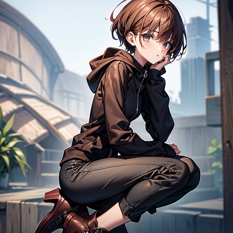 masterpiece、Subtle details、Slender beauty、Wearing a hood、slim、Small breasts、Sharp eyes、younger sister、Pixie Cut、Short nape、Oversized zip-up jacket(hoodie)、Tight skinny pants、Platform boots、Reddish brown hair、