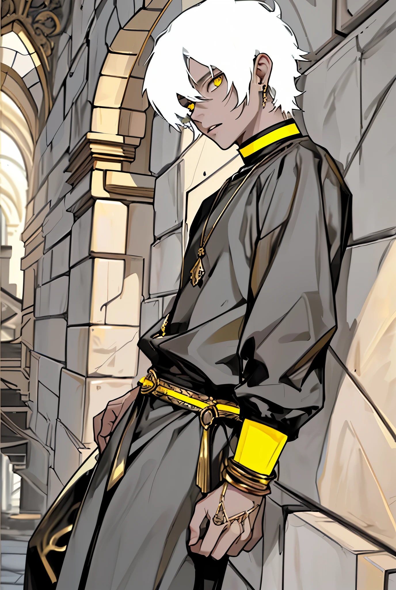 young man of 17 years old white hair yellow eyes black clothes with yellow gold jewelry is speaking suspiciously