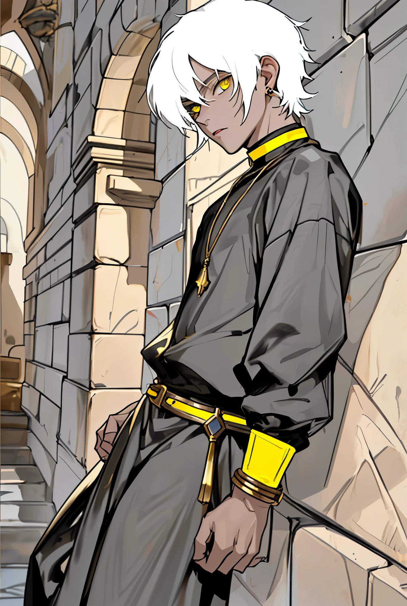 young man of  white hair yellow eyes black clothes with yellow gold jewelry is speaking suspiciously