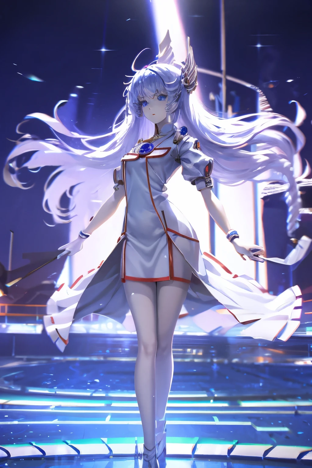 Anime girl with long hair and white coat standing in the hallway, Girl front style, From Girl Front, from the night of the ark, Portrait anime space cadet girl, Cute anime girl, Anime visuals of cute girls, Silver-haired girl, an anime girl, Anime mecha aesthetics, Anime Aesthetics, Beautiful anime portrait, Portrait Anime Girl, Beautiful anime girl, Beautiful anime girl