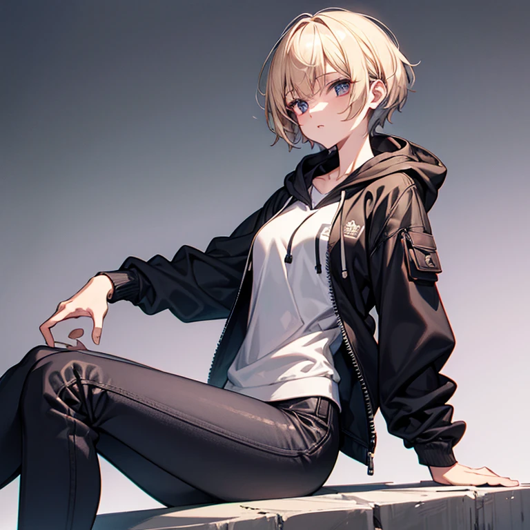 masterpiece、Subtle details、Slender beauty、slim、Small breasts、Sharp eyes、younger sister、Pixie Cut、Short nape、Oversized zip-up jacket(hoodie)、Tight skinny pants、Platform boots、白いhoodie、Blonde