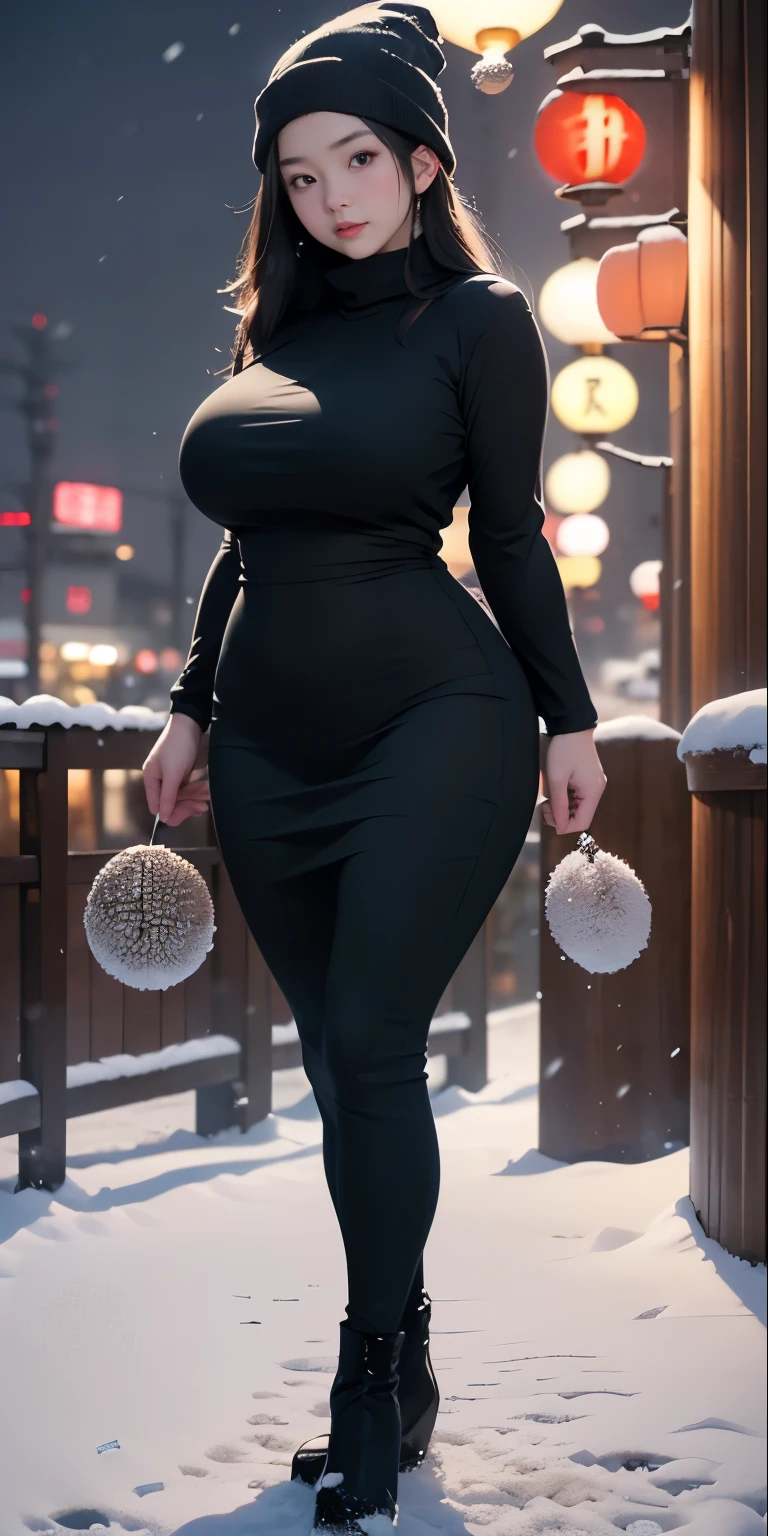 (masutepiece,High quality,16k:1.1),(depth of fields:1.3) ,((front body:1.35)),  Japanese ,young Girl,standard height, Beanie ,khaki Long Sleeve round neck T-shirt Maxi (((Tight))) Dress, huge breasts, thicc, curvy,(Looking at Viewer:1.3),(full body shot:1.2),snowy landscape,(It's snowing:1.2),(Beautiful night view of Tokyo town:1.2)