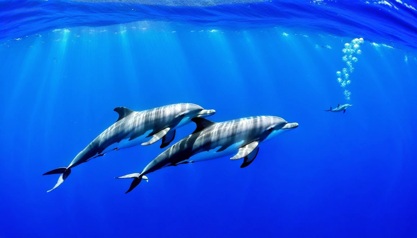 Sea、Three dolphins、Lassen、beautiful、Bubble、Sunshine、South Sea、Multiple tropical fish、beautifulサンゴ礁、
