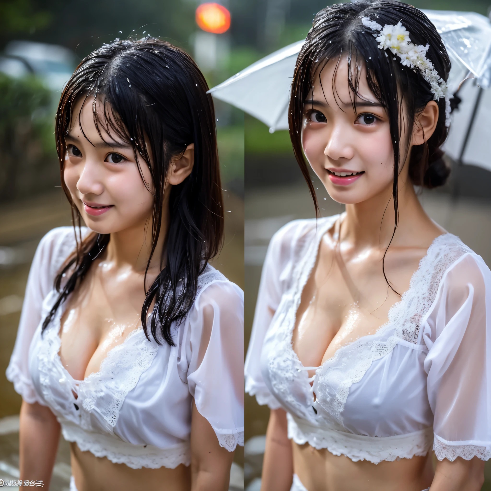 songkran,Wet roads , soaked,drenched, Dripping, Wet Face,Wet clothes, Wet Skin, Wet Hair,A young woman with a cute face like an idol,chest,A maid outfit with a cleavage-revealing design,clinging,RAW Photos,Genuine,Real,High definition,Raw photo,masterpiece, Realistic, beautiful