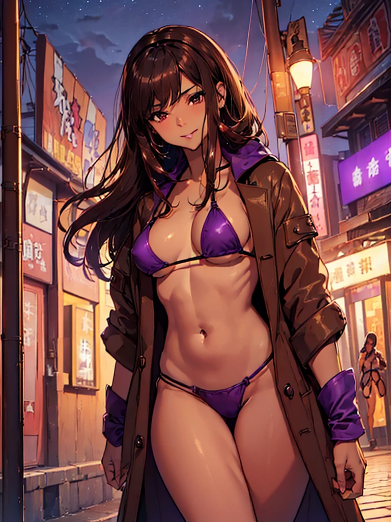 (​masterpiece、top-quality、hight resolution)、((((((brown skin、prostitute))))))、evil smile、((string bikini、open purple coat、Sex Appeal、inviting))、nsfw、purple hair band、purple ribbon、upper body、((Night))、stand,open legs