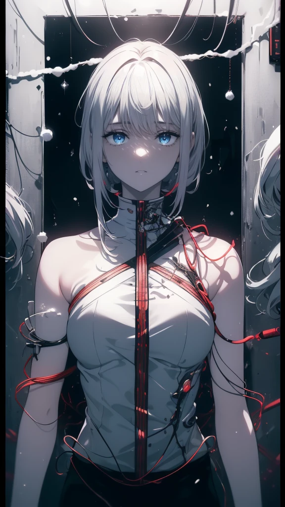 (masterpiece, highest quality, Ultra-high resolution), 1 boy, Are standing, , White office shirt, Black pleated skirt, ((jet black, jet black hair:0.7), I cut my long hair, White skin, ((blue eye)), Shine_eye, neon eye, (ultra detailed eye, Beautifully detailed face, detailed eye:0.9), ((in the center)), smile, ((Wide Shot)), In-person audience, eyeの高さ, (black background, 残りfire, fire), Flat Chest, Watching the audience, ((half closed eye)), ((Perfect hands)), (((head, arm, Hip, elbow, In the view))), ((Place your hands behind your back)), empty eye, Beautiful lighting, background, Defined Subjects, Age 25, Gray Hair,長いeyeで見る,short hair,snow,snow,吹snow,winter, (masterpiece, highest quality, highest quality, Official Art, Cosmetology and aesthetics: 1.2), (1 girl: 1.3), Very detailed, colorful, Most detailed ((Very detailed)), (Highly detailed CG illustration), (Very delicate and beautiful), (From above), Cinema Light, ((1. Mechanical Girl)), single, completion, (Machine made joints: 1.2), ((Mechanical Lin Bunny Mechanical Tentacles), (truth), (Genuine breasts), (Genuine, ((Mechanical cervical spine attached to the neck)), (Expressionless), (Wires and cables connected to the neck: 1.2), (Wires and cables connected to the head: 1.2) (Character Focus), SF, 黒のbackground, (((Sleeping on your back))), ((From above, Like a shot)), ((Lying on black)), ((whole body)),snow,吹snow,Smaller person
