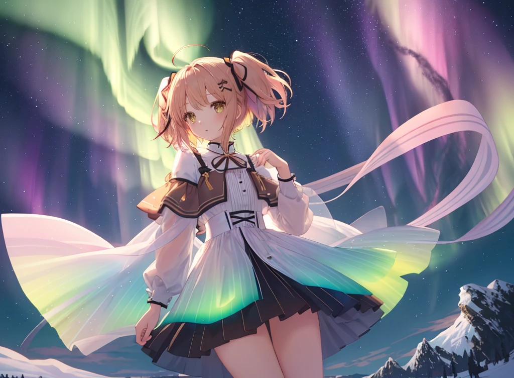 From afar、Slim and long, 1 girl、Very delicate and beautiful girl, Young girl, Brown short hair, Ahoge、Twin tails、 ribbon、Gradient Hair、inner hair color, Beautiful details, Medium Chest, Pastel colored clothes,Very beautiful aurora、Detailed Northern Lights、8k background、whole body、Thick thighs