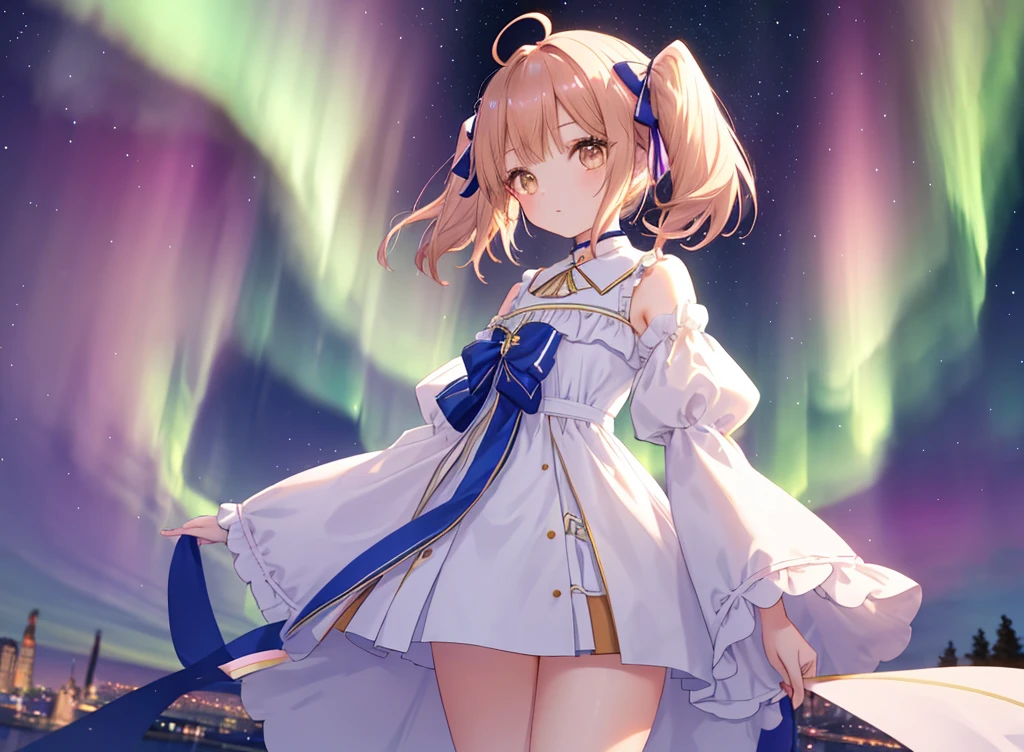 From afar、Slim and long, 1 girl、Very delicate and beautiful girl, Young girl, Brown short hair, Ahoge、Twin tails、 ribbon、Gradient Hair、inner hair color, Beautiful details, Medium Chest, Pastel colored clothes,Very beautiful aurora、Detailed Northern Lights、8k background、whole body、Thick thighs