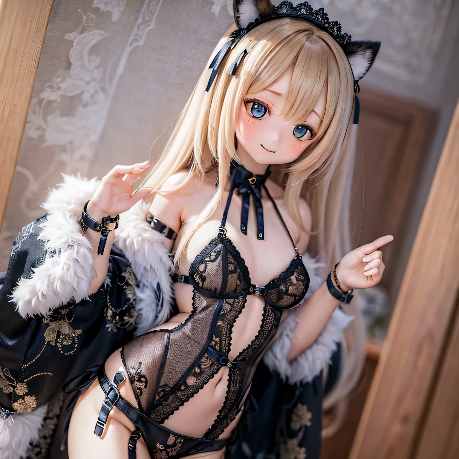 A girl with a Sexy pose, wearing (((((negligee)))))), Busty Shiba Inu Height: 140cm Stage Bar Stage Voluptuous Body Captivating Smile Tag: Sexy pose, Detailed face, Expressive eyes, Lips become thicker, beautiful girl, Feminine charm, Captivating Gaze, Captivating smile, Confident attitude, laces details,, Silky fabric, Warm lighting, Captivating color palette, Exquisite detail, Ragdoll cat soft fur, Playful Expression Standing Baby Doll