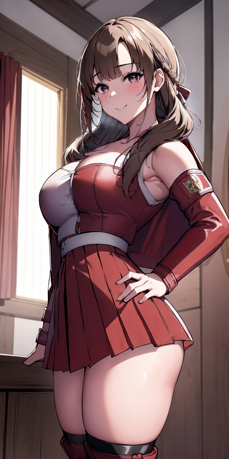 (masterpiece, best quality:1.2), cowboy shot, solo, 1girl, oosuki mamako, seductive smile, closed mouth, looking at viewer, pose, hand on hip, large breast ,hair ribbon, strapless, lace-up boots, military, military uniform, pleated skirt, (red jacket:1.5), skirt, thigh highs, uniform, white thigh highs, white ribbon, buttons, (sleevesless:1.5),NSFW, official art, extremely detailed CG unity 8k wallpaper, perfect lighting, (masterpiece:1.0),(best_quality:1.0), ultra high res,4K,ultra-detailed, photography, 8K, HDR, high resolution, absurdres:1.2, Kodak portra 400, film grain, blurry background, bokeh:1.2, lens flare, (vibrant_color:1.2),(beautiful_face:1.5),(narrow waist),(perfect hands, perfect anatomy), Muscle body