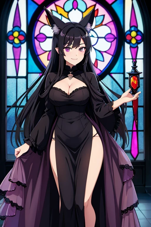 A black haired woman with purple eyes and an hourglass figure with black fox ears and a black fox tail wearing a victorian gown is smiling in front of a stained glass window