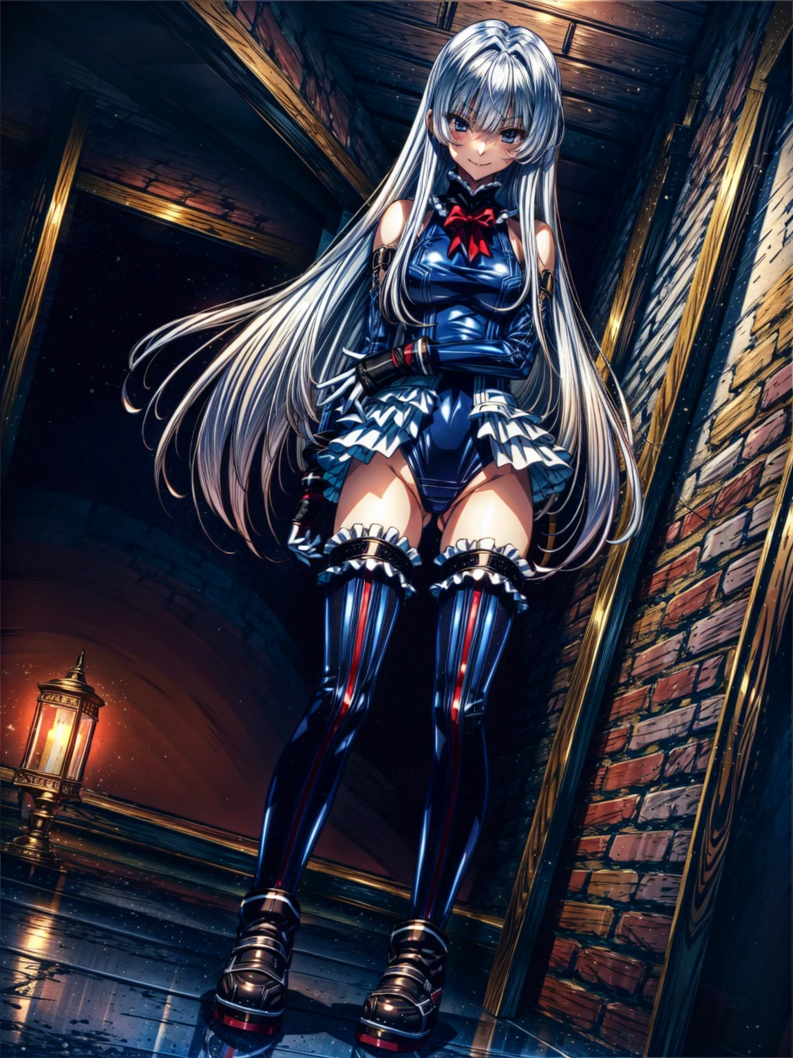 Perfect Anatomy, highest quality, marierose,look at me lovingly,
,(Dimly lit basement:1.1),Wicked Smile,Anime Style,(Frilled swimsuit, Knee socks, Removed sleeve), (Anime Style:1.4) ,
Silver Hair,(White fingers:1.1,Black gloves),Very long hair,Evil Aura,Rape Eye,Full body view