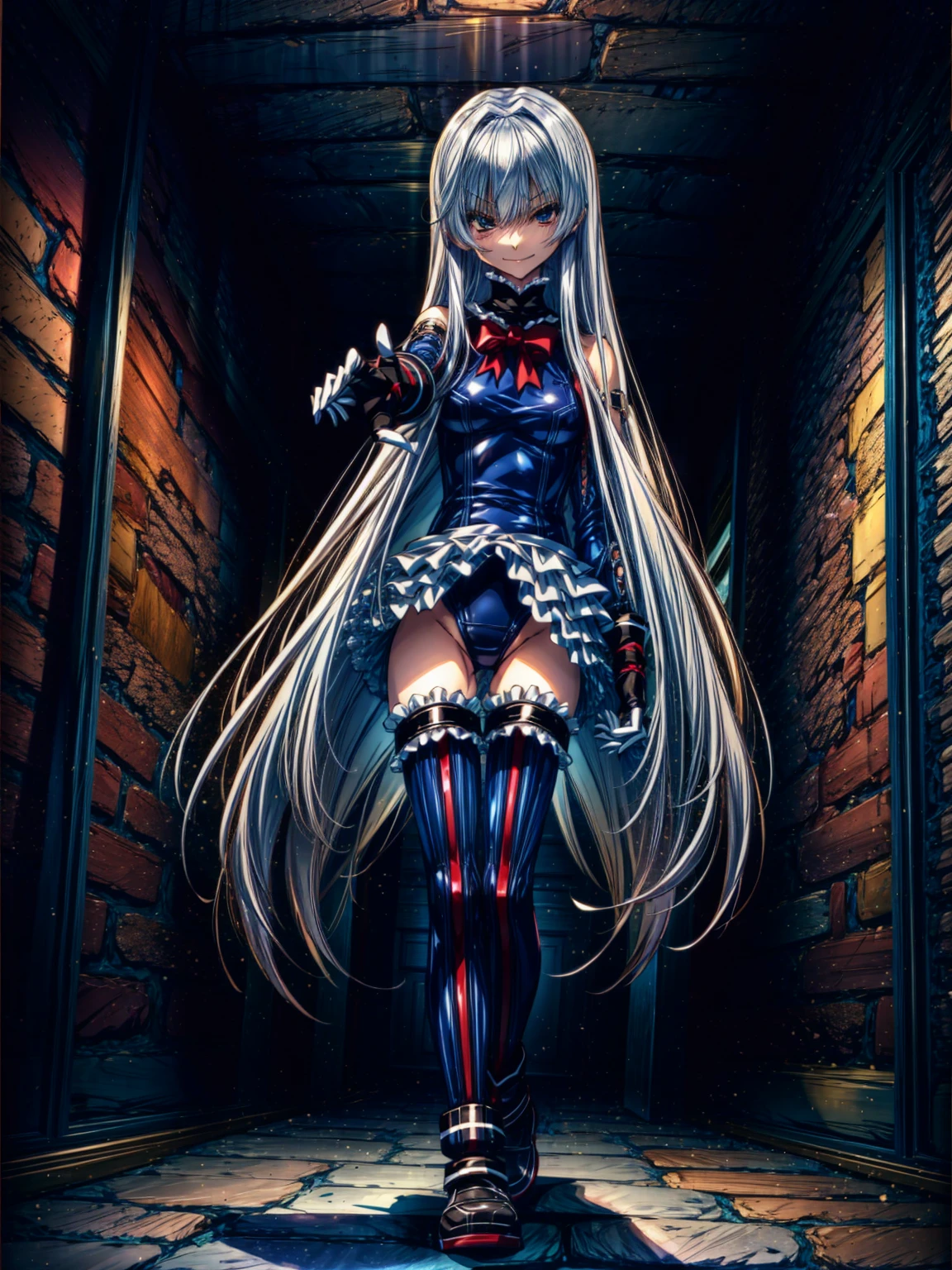Perfect Anatomy, highest quality, rose,look at me lovingly,Provocative attitude
,(Dimly lit basement:1.1),Wicked Smile,Anime Style,(Frilled swimsuit, Knee socks, Removed sleeve), (Anime Style:1.4) ,
Silver Hair,(White fingers:1.1,Black gloves),Very long hair,Evil Aura,Rape Eye,Full body view