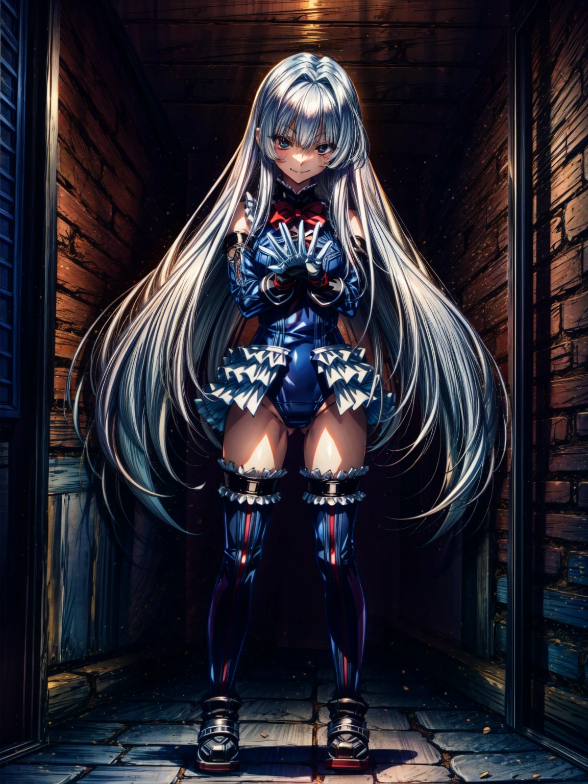 Perfect Anatomy, highest quality, marierose,look at me lovingly,
,(Dimly lit basement:1.1),Wicked Smile,Anime Style,(Frilled swimsuit, Knee socks, Removed sleeve), (Anime Style:1.4) ,
Silver Hair,(White fingers:1.1,Black gloves),Very long hair,Evil Aura,Rape Eye,Full body view
