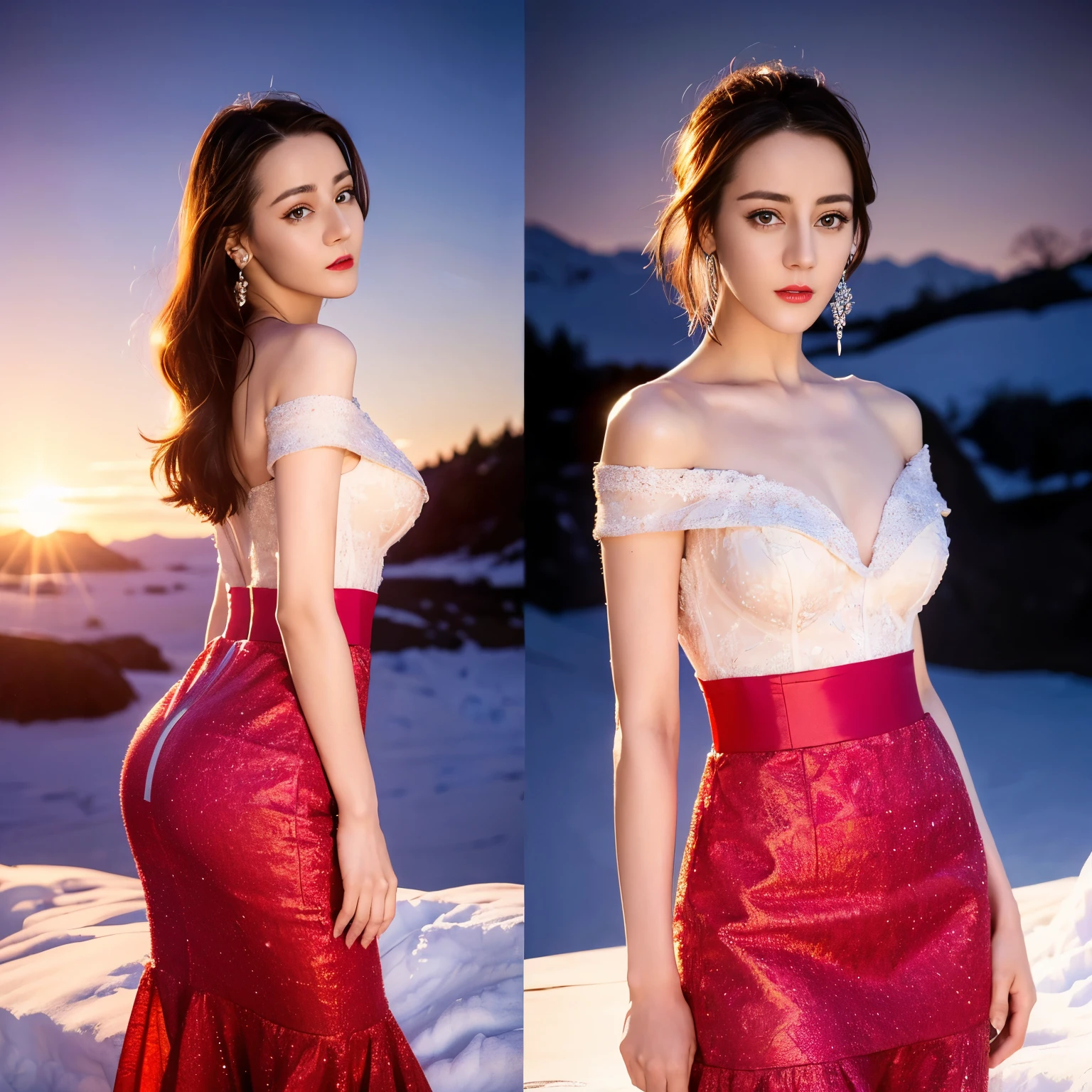 ((top quality、8k、masterpiece:1.3))、Extremely exquisite beautiful girl，full-body shot，Huge breasts，Straight chest，Full, straight breasts，Breast enlargement，amazing breast size，G cup。Wear big earrings，The skin is very white，Hydrating red lips，Very thin waist，Thighs are very thin，Big Ass，Fair and smooth skin，Smooth and fair skin，Flawless skin，Fair and shiny skin，Cool white skin，The camera focuses on the chest，Deep Crack，showing her breast，（Big V-neck），Bright light，red lace dress，red gauze skirt，Lower body exposed，Bare shoulders，Light pink hair，The hair is light pink，snowstorm，Snow Mountain，Sunset，lake