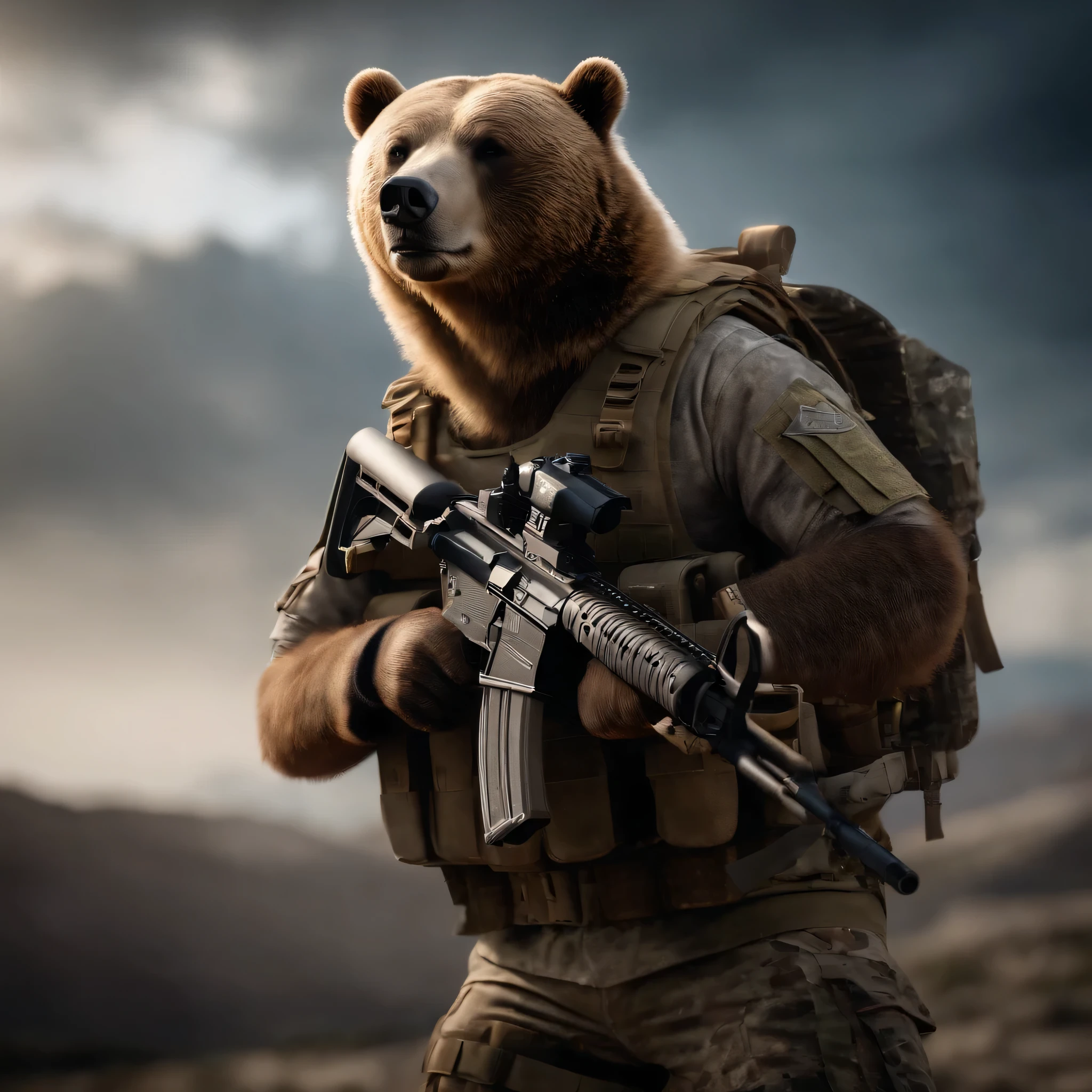 um urso em um uniforme militar multicam, usando um colete Plate Carrier ForHonor, carregando um fuzil M4 com uma mira de ponto vermelho.
(melhor qualidade, 4K, high resolution, obra de arte:1.2), ultra-detalhado, (realista, photorealista, photo-realista:1.37), HDR, Ultra HD, studio lighting, extreme detailed description, profissional, cores vivas, Bokeh, Retratos.