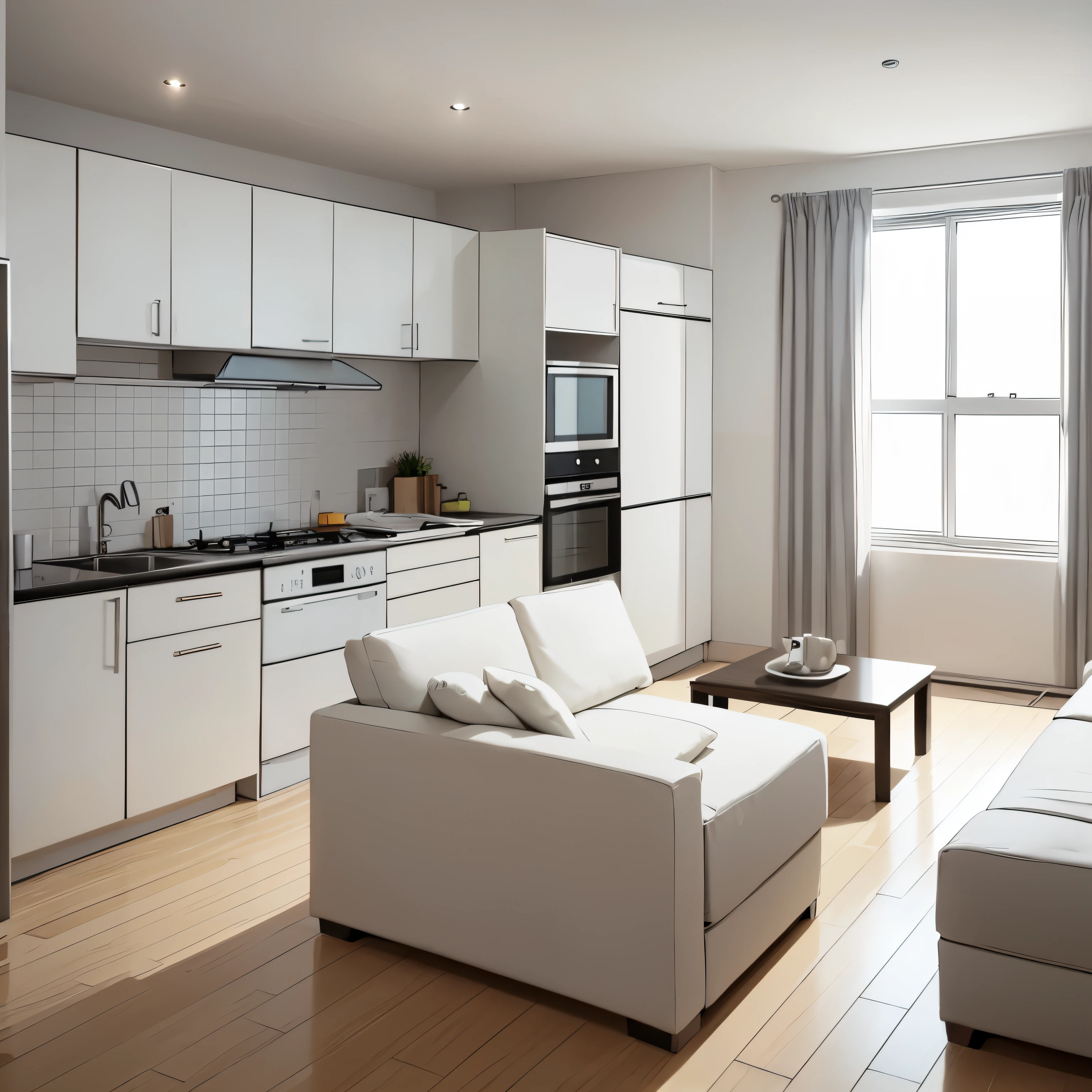 cozy white modern flat small apartments, wall, kitchen and livingroom