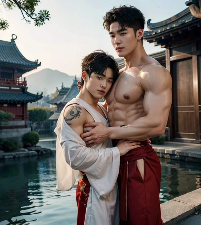 2 Handsome chinese guy kissing, smilling at each other, bare chest , show the abs, 20 years old,hug, cuddle, touching lips, skin ship, romantic, Asian, chinese hansome actor, kpop idol, handsome male model,manly, master work, best picture quality, higher quality, high detail, super high resolution, 8k resolution, perfect clear light,perfect eyes, perfect skin, manly jawline, manly chin, perfect hands, big chest muscles, bare chest, big juicy butts, tattoos chest, tattoo hands, tattoo legs, tattoo back, tattoo arms,earings, ancient pendents, braceles, glowing eyes, short hair, hair details, detailed background , open Hanfu transparent (see throught), skinny short,super sexy loincloth, detailed perfect abs, Chinese garden background, Chinese kung fu,skinny dragon-themed costumes, spinning floating particles, chinese temple in background,