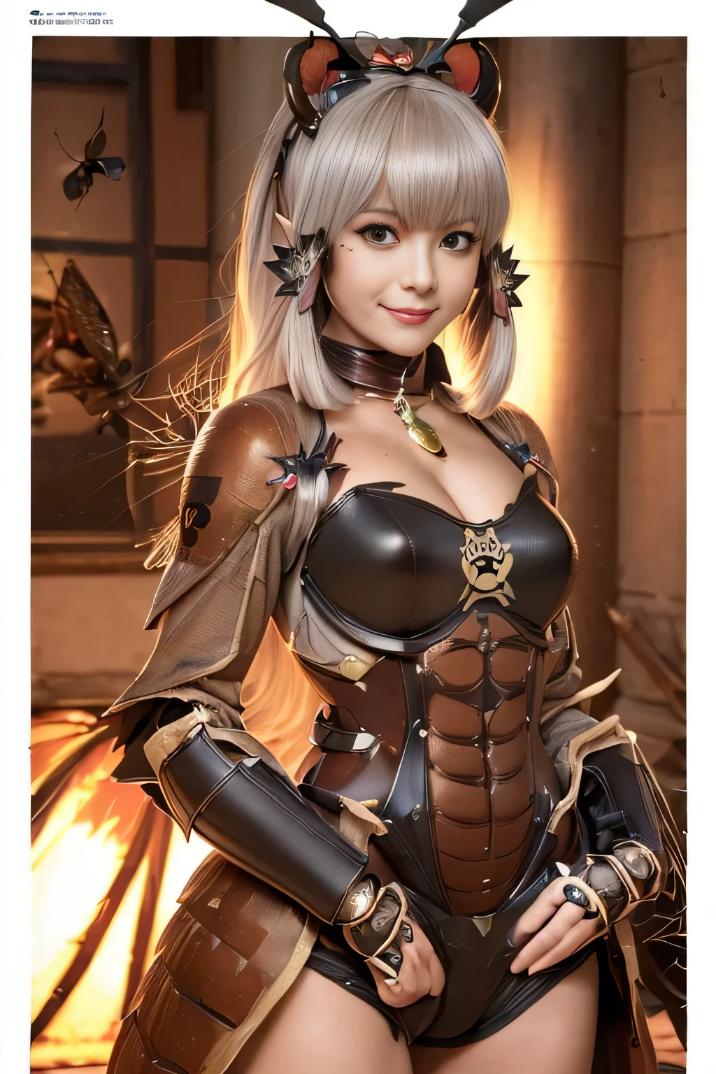 (high resolution,masterpiece,best quality,extremely detailed CG, anime, official art:1.4), realistic, photo, amazing fine details, all intricate, gloss and shiny,awesome many layers, 8k wall paper, 3d, sketch, kawaii, illustration,( solo:1.4), perfect female proportion,villainess, (fusion of dark brown cockroach and lady:1.4), (brown cockroach form lady:1.2), (brown cockroach lady:1.2), (fusion:1.2), (solo:1.4), (evil smile:1.2), muscular, abs, (cockroach brown exoskeleton bio insect suit:1.4), (cockroach brown exoskeleton bio insect armor:1.2), (brown transparency cockroach wing:1.4), (brown cockroach antennae:1.3),