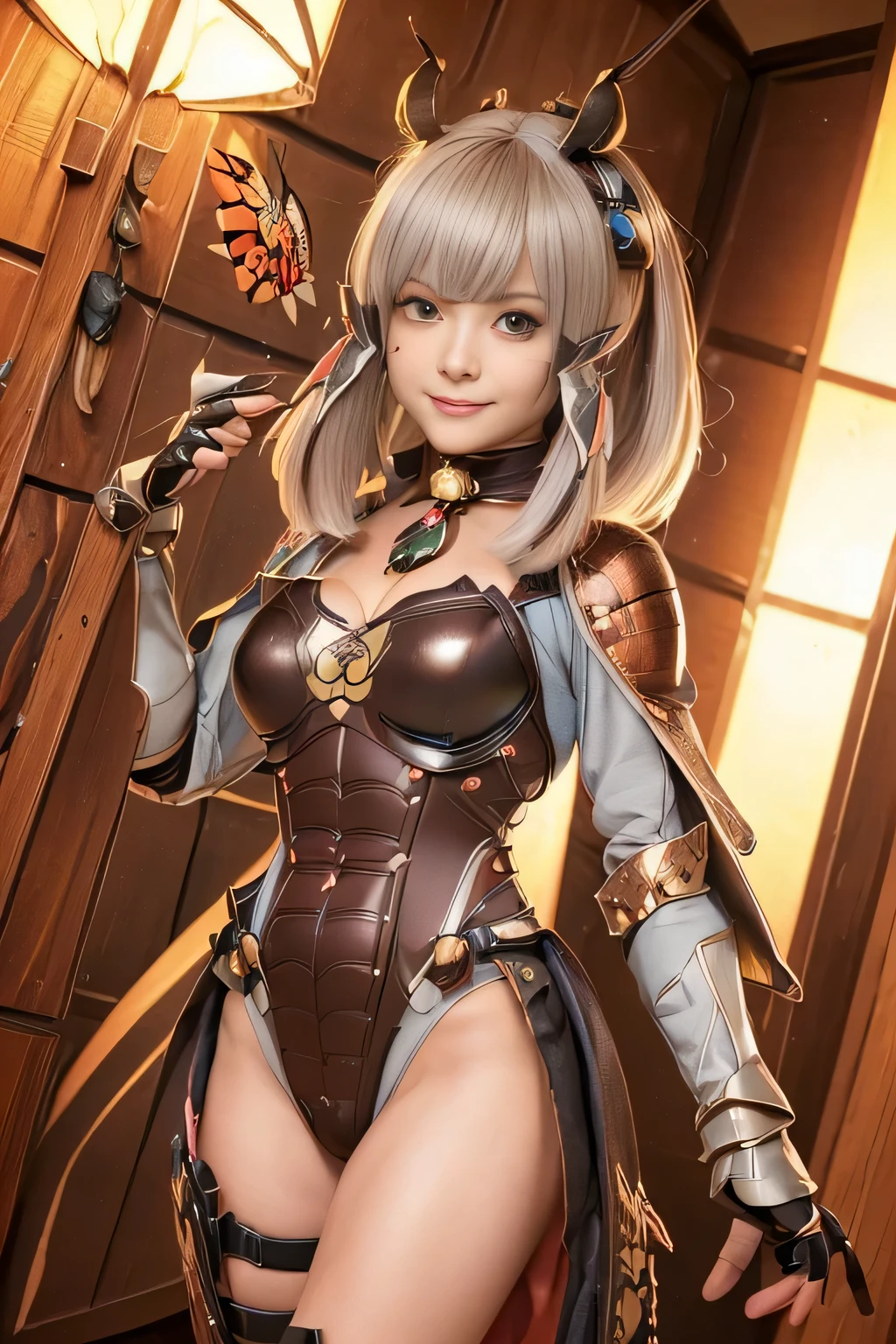 (high resolution,masterpiece,best quality,extremely detailed CG, anime, official art:1.4), realistic, photo, amazing fine details, all intricate, gloss and shiny,awesome many layers, 8k wall paper, 3d, sketch, kawaii, illustration,( solo:1.4), perfect female proportion,villainess, (fusion of dark brown cockroach and lady:1.4), (brown cockroach form lady:1.2), (brown cockroach lady:1.2), (fusion:1.2), (solo:1.4), (evil smile:1.2), muscular, abs, (cockroach brown exoskeleton bio insect suit:1.4), (cockroach brown exoskeleton bio insect armor:1.2), (brown transparency cockroach wing:1.4), (brown cockroach antennae:1.3),