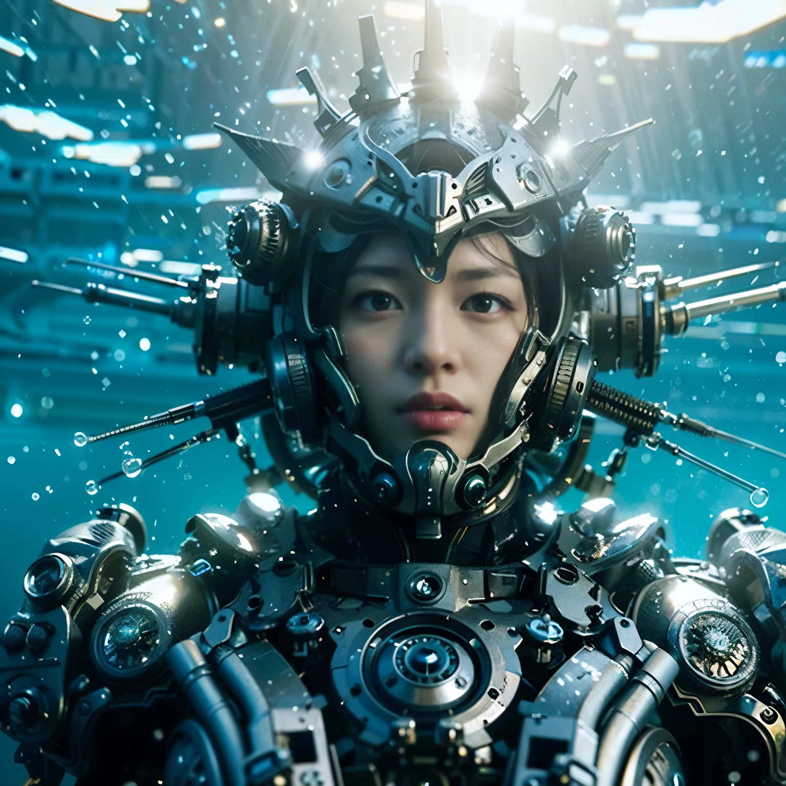(Masterpiece, Best Quality: 1.2), (8K UHD, 16K, 32K, Ultra High Resolution), (Photorealistic: 1.37), (RAW Photo), Ultimate Reality, Ultimate Realistic Detail, Ultimate Realistic Texture , extremely intricate details (mechanical armor fused with a snail), power pipes, easy to understand, extremely intricate details, Japanese female soldier wearing mechanical armor, extremely cute face, extremely beautiful face, realistic, Full body shot, shot from the dawn of a secret base, cyberpunk