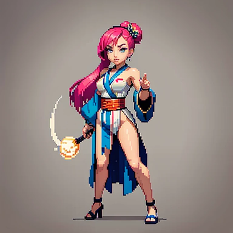 (masterpiece, top quality, best quality), pixel, pixel art, 1women, kimono,punch power,full body