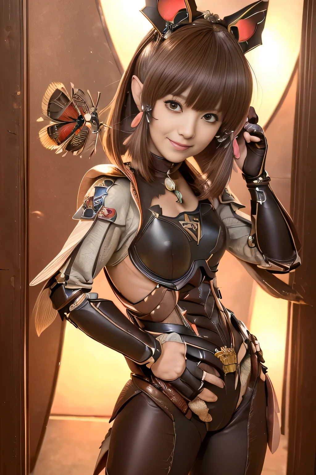 (high resolution,masterpiece,best quality,extremely detailed CG, anime, official art:1.4), realistic, photo, amazing fine details, all intricate, gloss and shiny,awesome many layers, 8k wall paper, 3d, sketch, kawaii, illustration,( solo:1.4), perfect female proportion,villainess, (fusion of dark brown cockroach and lady:1.4), (brown cockroach form lady:1.2), (brown cockroach lady:1.2), (fusion:1.2), (solo:1.4), (evil smile:1.2), muscular, abs, (cockroach brown exoskeleton bio insect suit:1.4), (cockroach brown exoskeleton bio insect armor:1.2), (brown transparency cockroach wing:1.4), (brown cockroach antennae:1.3),